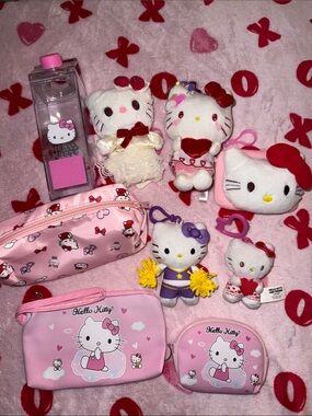 Hello Kitty Pink Plush Keychain & Pouch Set with Water Bottle